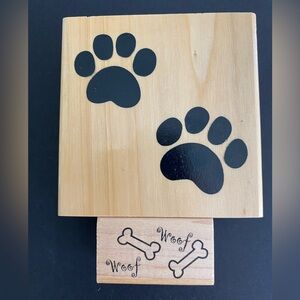 Lot Of 2: Large Dog Paw Prints Bone & Woof  Border  Wood Mounted Rubber Stamps